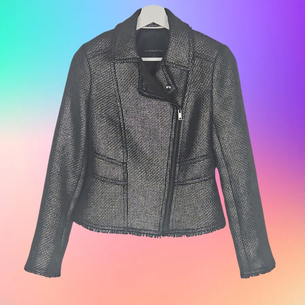 Banana Republic Moto Jacket Silver Tweed Metallic Asymmetrical Zip Jacket